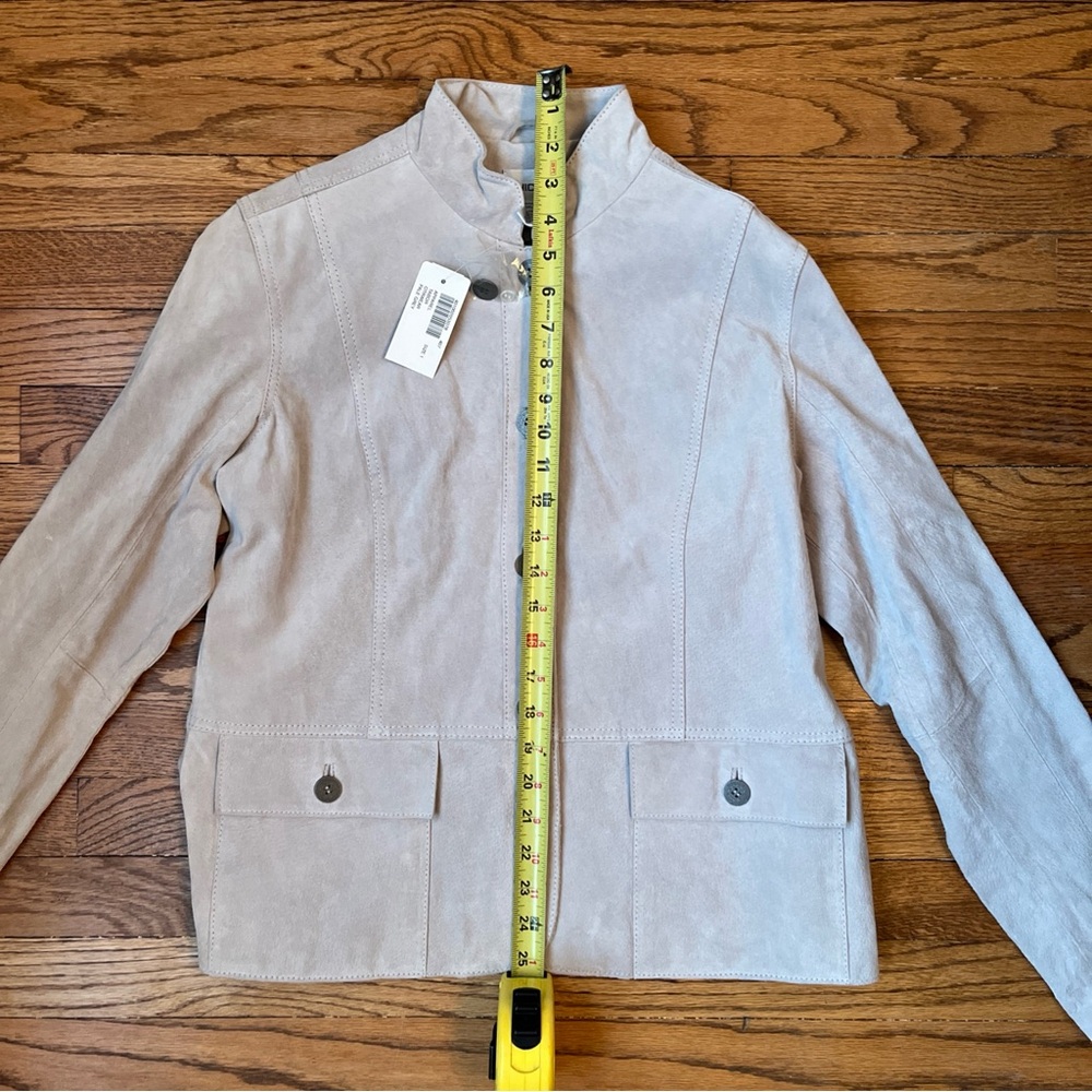 Chicos Women’s Suede Gray Jacket Sz 1 Button Front Military Mandarin Collar NWT - Picture 8 of 12
